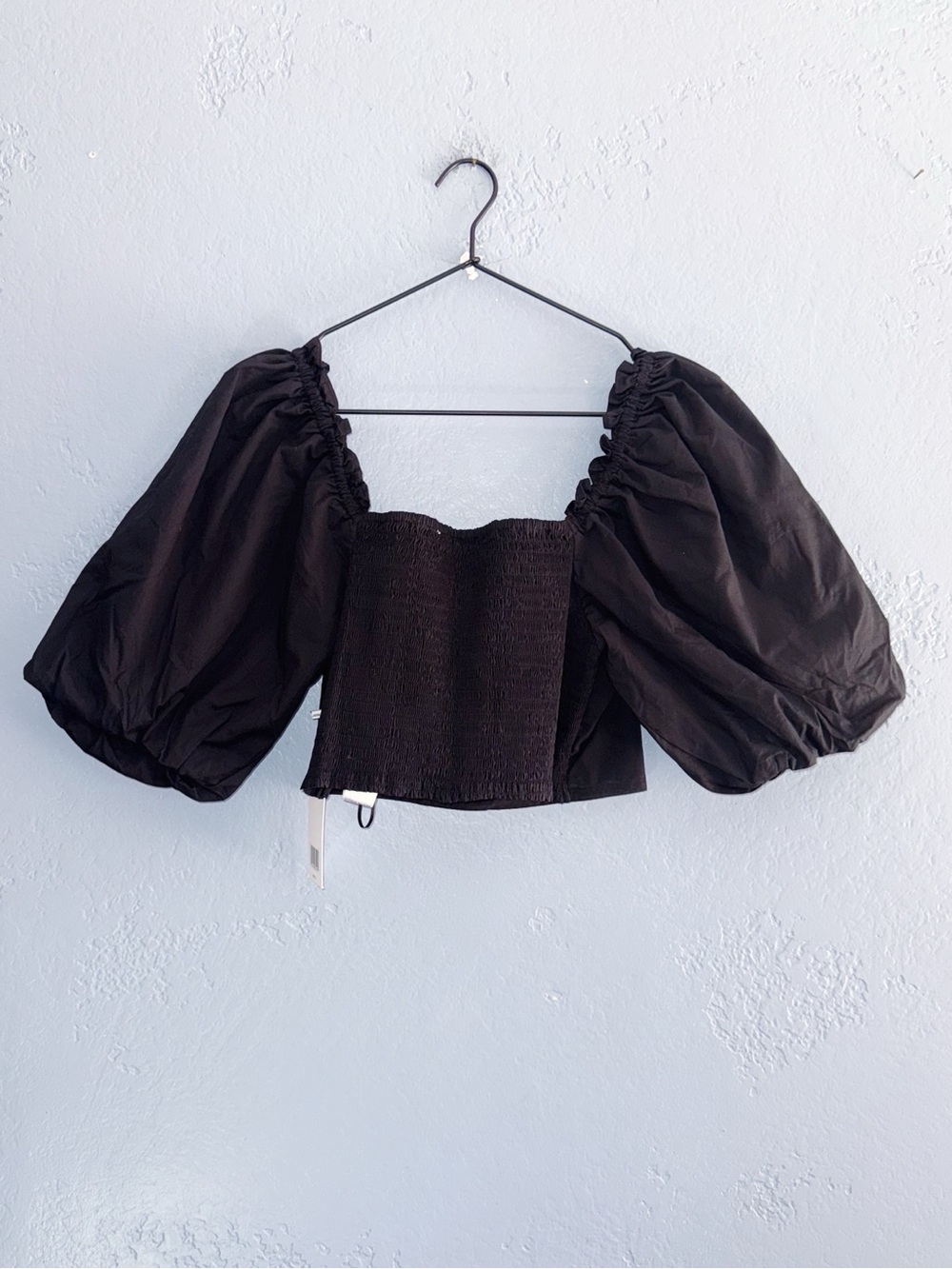 JASON WU Puff Sleeve Solid Black Smocked Cropped Top Size Large
